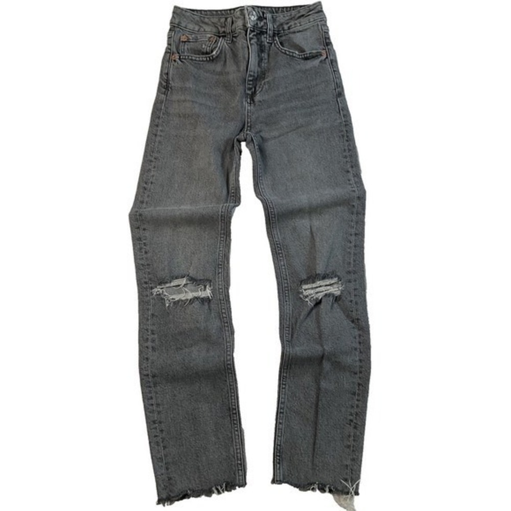 Zara Jeans Womens 0 Gray Denim High Rise Straight Leg Raw Hem Distressed Zip Fly